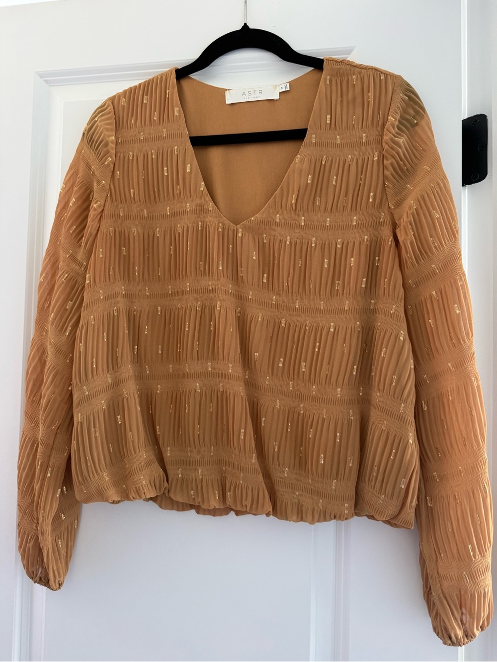 Astr Textured V-Neck Long Sleeve Blouse in Tan with Gold Dots